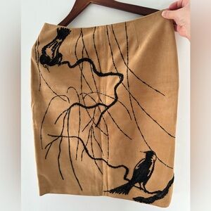 Shanghai Tang Tan Suede Pencil Skirt with Black Bird Embroidery